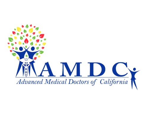 Logo for Advanced Medical Doctors of California featuring stylized human figures, a tree with multicolored leaves, and a caduceus symbol, with the text "AMDC" and the full name below.