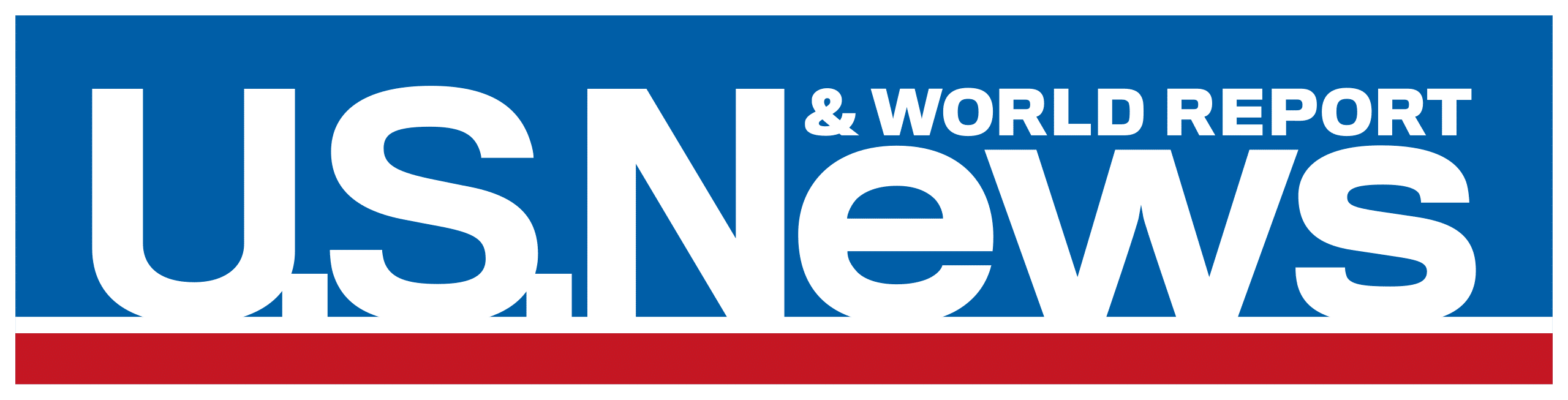 US News & World Report logo in white text on a blue background with a red stripe underneath.