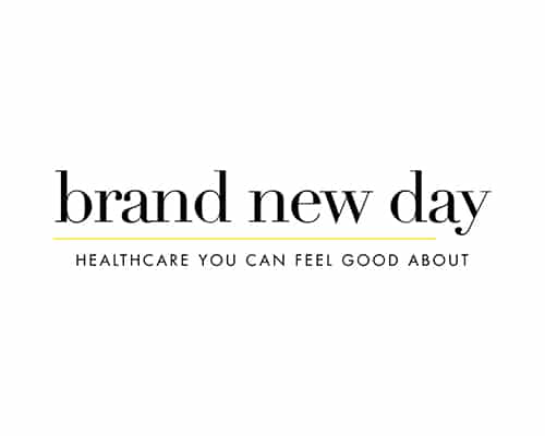 The image displays the text "brand new day" with a yellow line underneath and the words "Healthcare you can feel good about" below the line.