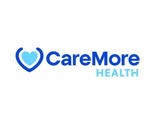 CareMore Health logo features a heart design within blue curved lines on the left, with "CareMore" in blue and "HEALTH" in light blue text to the right.
