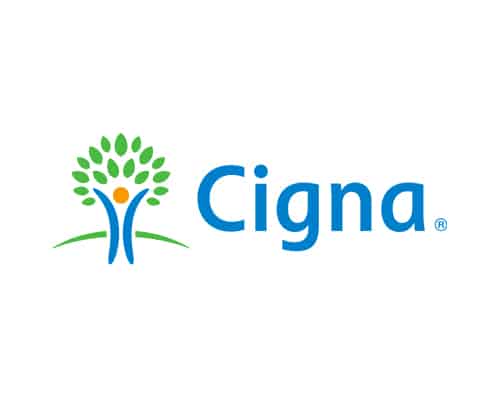 Cigna logo featuring a stylized tree with green leaves and a human figure, next to the blue "Cigna" text on a white background.