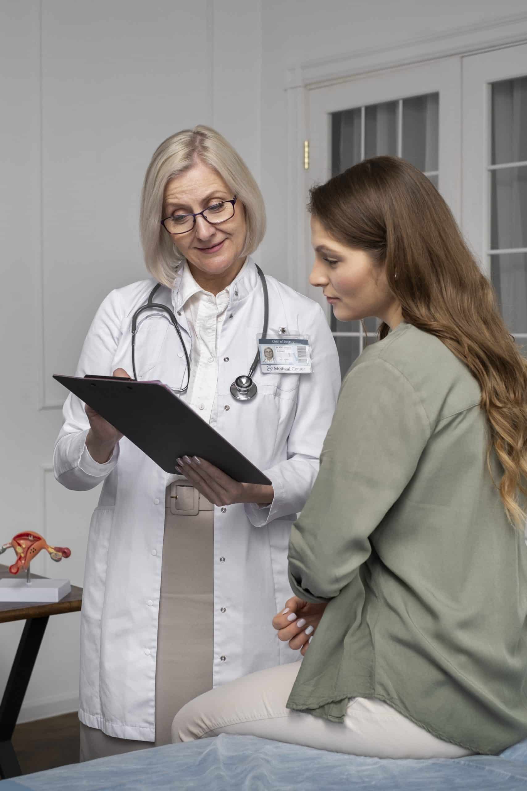 A doctor in a white coat shows a clipboard to a seated patient during a medical consultation in an exam room.
