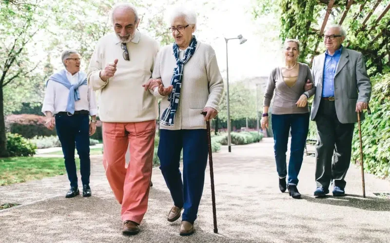 Six older adults walk together outdoors on a tree-lined path, some using canes, engaged in conversation and enjoying the day.