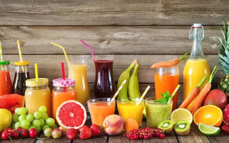 Assorted fresh fruit and vegetable juices in glasses and jars, surrounded by whole and sliced fruits and vegetables on a wooden table.
