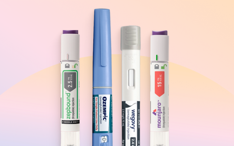 Four medication injector pens, each labeled with different drug names and dosages, are displayed vertically against a pastel gradient background.