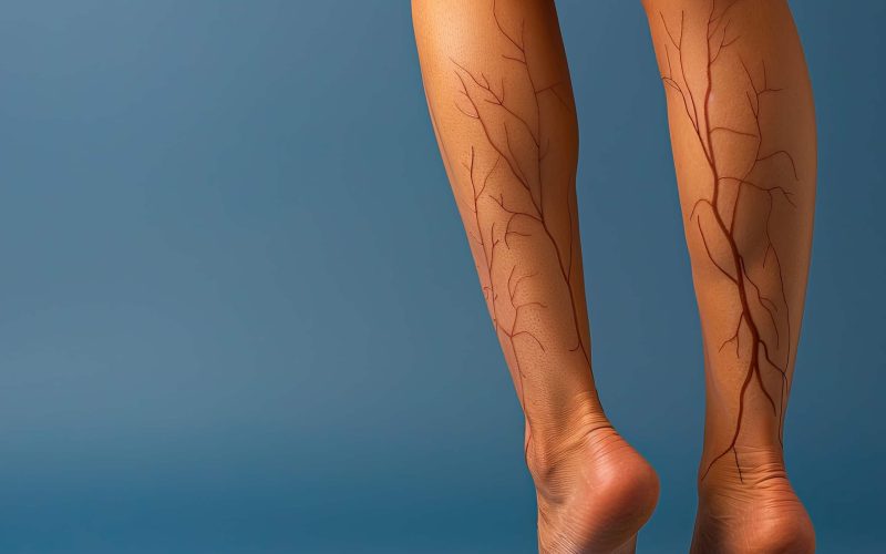 Two bare legs are shown with visible vein-like patterns drawn on the skin, standing against a blue background.