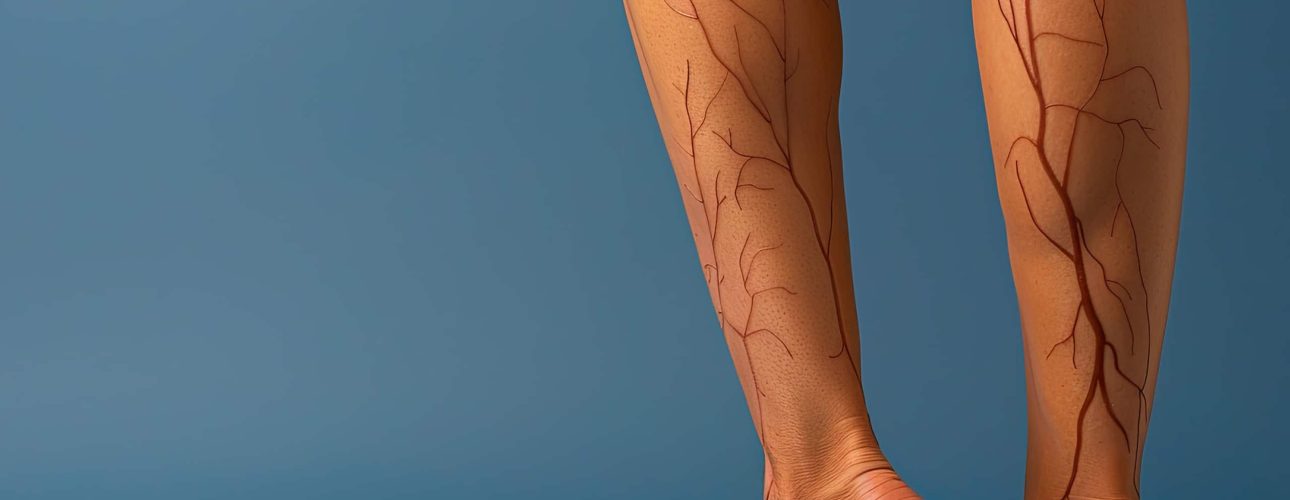 Two bare legs are shown with visible vein-like patterns drawn on the skin, standing against a blue background.